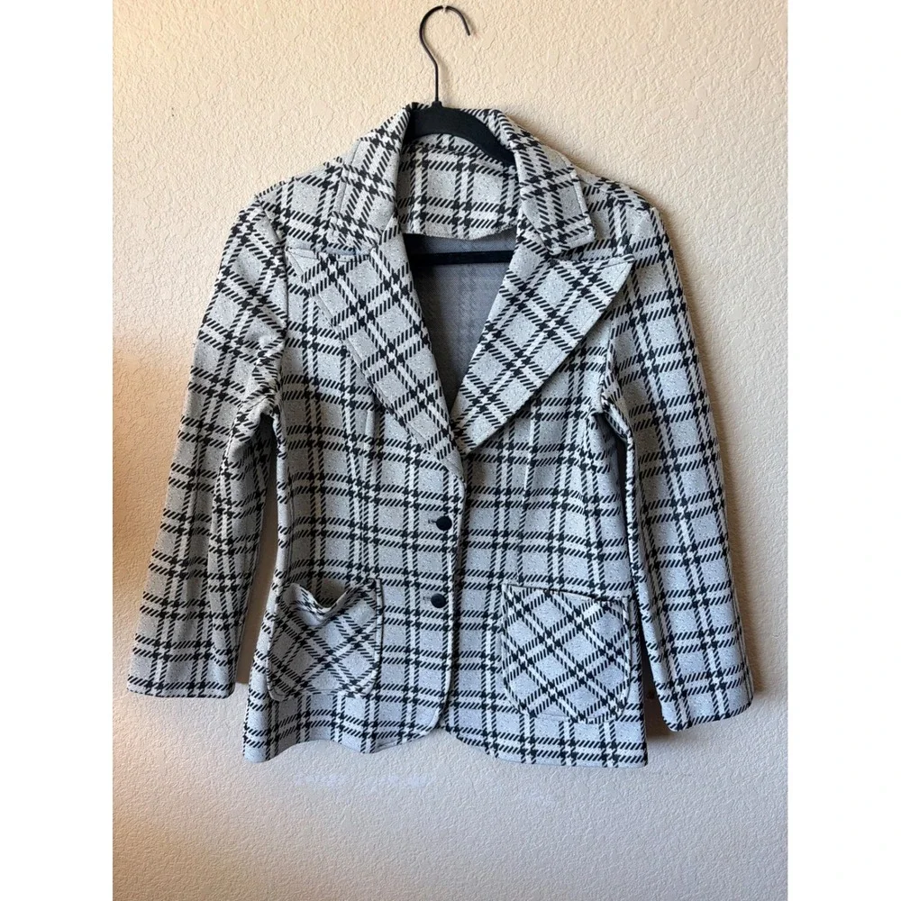 Vintage Black White Plaid Knit Blazer  Jacket Wide Lapel Patch Pockets Womens - Picture 2 of 8